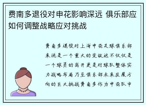 费南多退役对申花影响深远 俱乐部应如何调整战略应对挑战
