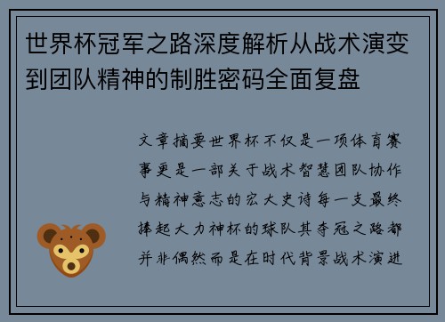 世界杯冠军之路深度解析从战术演变到团队精神的制胜密码全面复盘